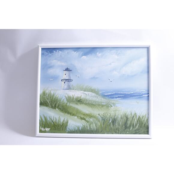 Beach with Lighthouse, Painting, Porter Signature, 21x17", White Frame - Picture 1 of 4